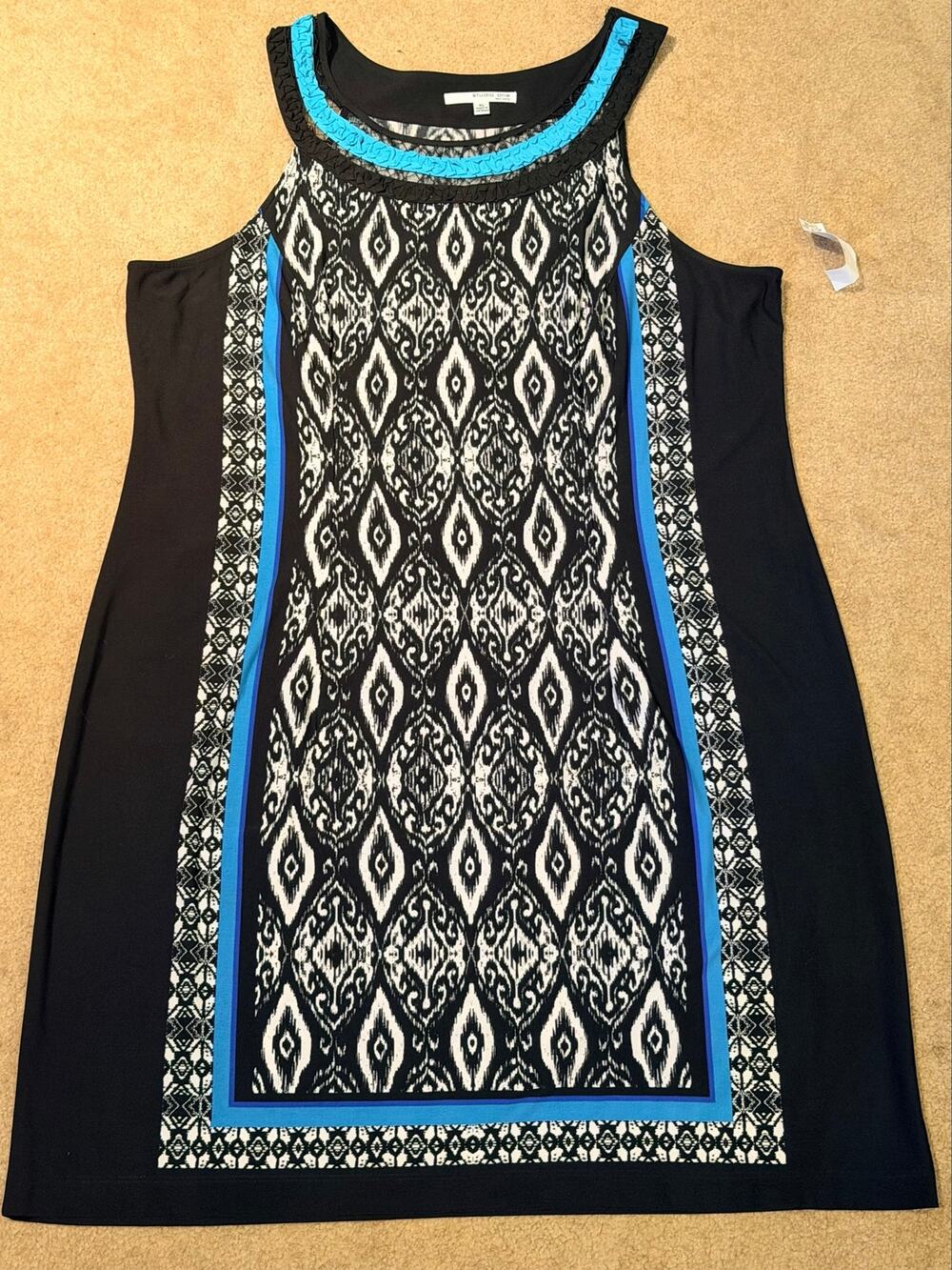 Studio One New York Ikat Geometric Sleeveless Sheath Dress XL Black Blue Ruffle